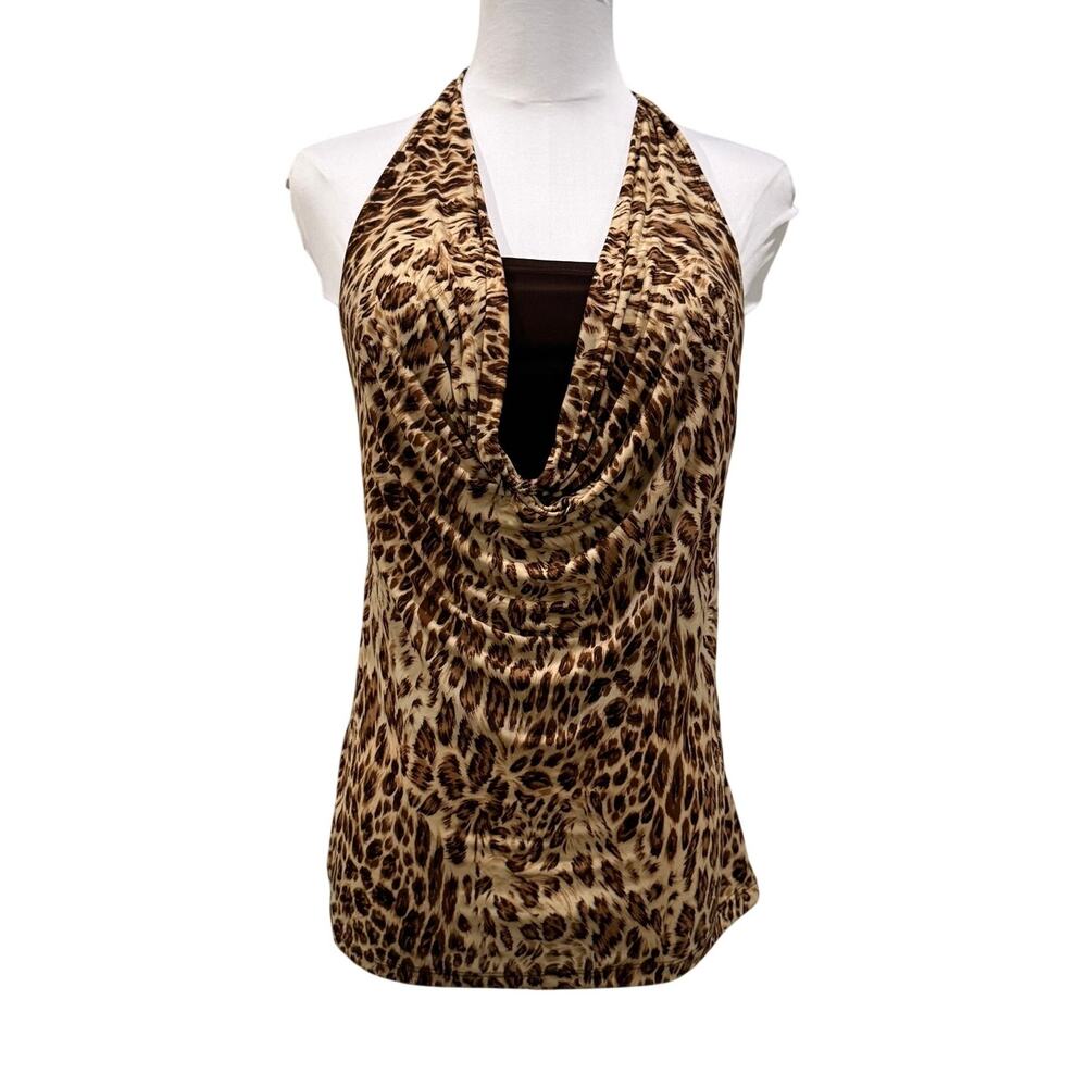 Vintage Y2K Leopard Halter Top Medium Cowl Neck Animal Print Going Out Club